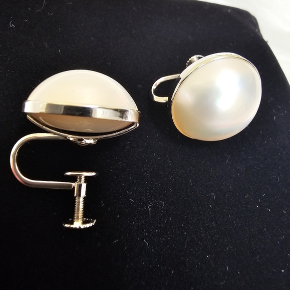 Vintage 14K White Gold MABE PEARL NON-PIERCED EARRINGS - Picture 5 of 17